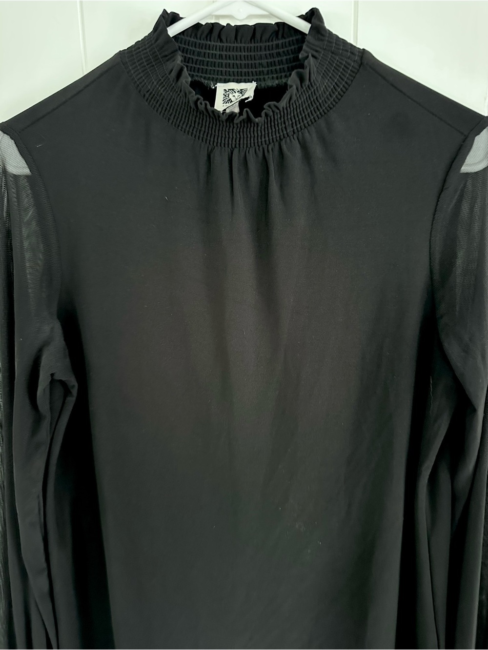 Anne Klein Black Mock Neck Top with Sheer Long Sleeves - Picture 2 of 10